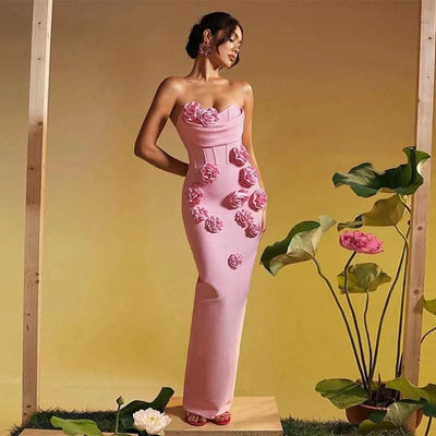 Pink Red Color Women Sexy Strapless Off the Shoulder Florals Bodycon Long Bandage Dress Celebrate Fashion Evening Party Outfit