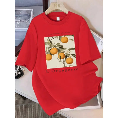 Summer T-Shirts Women Fresh Oranges Fruits Printing Tops Loose O-Neck Soft Comfortable Short Sleeve Street Woman Clothes Summer