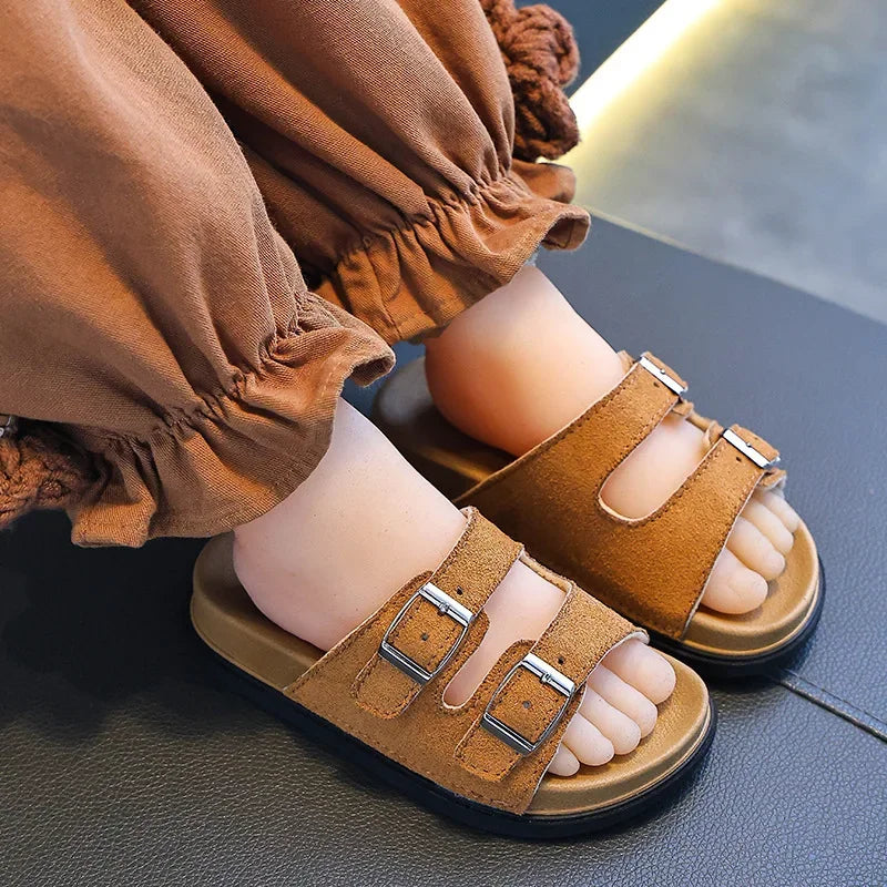2025 Buckle Kids Summer Shoes PU Solid Beach Slippers For Girls Boys EVA Non Slip Soft Sole Fashion Children's Slippers