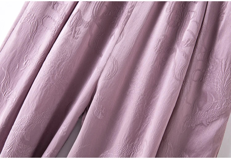 2025 Women's Fashion Spring New 100% Natural Mulberry Silk GuanLe Satin Fragrant Taro Purple High Waist Casual Wide Leg Pants