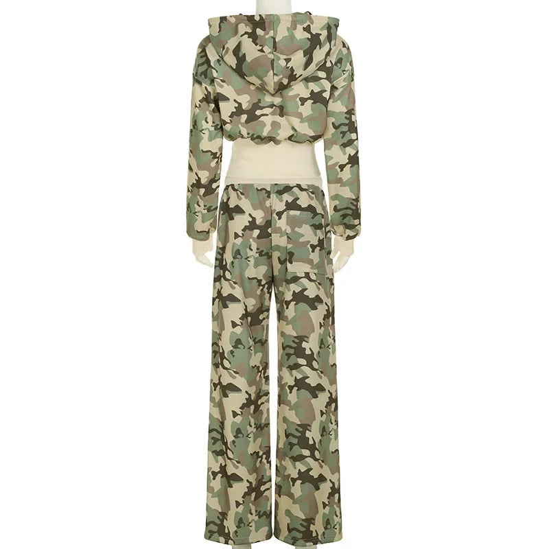 Camouflage Print Loose Casual 2 Piece Set Women Tracksuits Full Sleeve Zipper Hooded Sweatshirts Top + Wide Leg Pants Suits