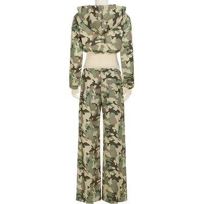 Camouflage Print Loose Casual 2 Piece Set Women Tracksuits Full Sleeve Zipper Hooded Sweatshirts Top + Wide Leg Pants Suits