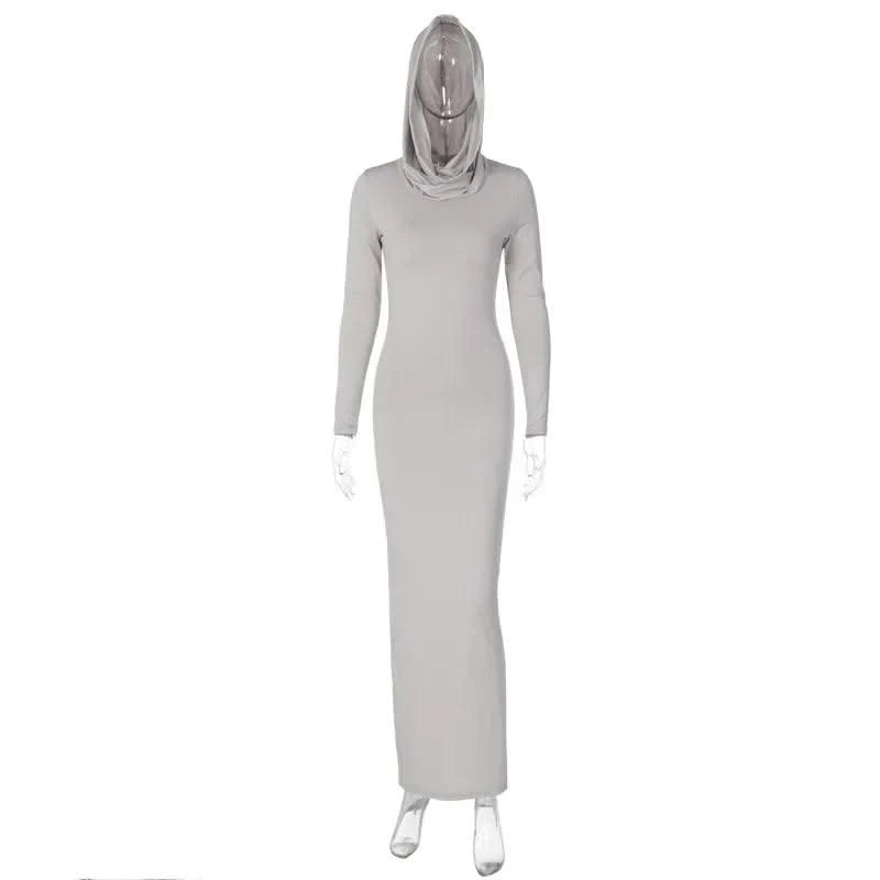 Hooded Long Dress For Women Y2k Clothes Sexy Streetwear Long Sleeve Bodycon Vestidos De Mujer Solid Robe Femme Été Back Split