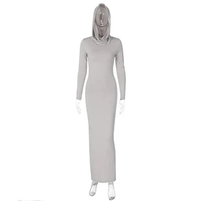 Hooded Long Dress For Women Y2k Clothes Sexy Streetwear Long Sleeve Bodycon Vestidos De Mujer Solid Robe Femme Été Back Split