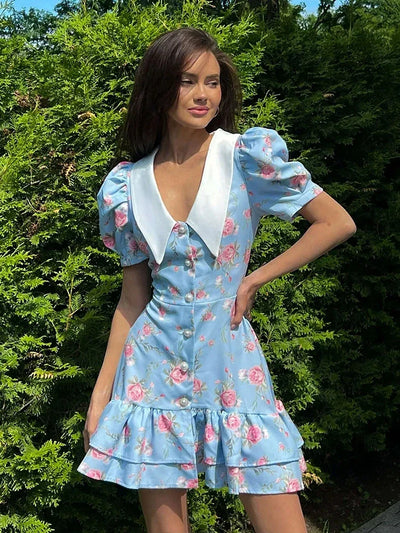 Floral Ruffles Women Dress French V Neck Puff Sleeve Summer Slim Sweet Mini Dress Fresh Chic High Waist A Line Elegant New Dress