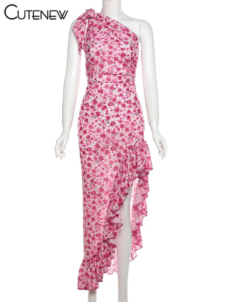 Cutenew Floral Print Women Midi Dresses Fashion Incline Shoulder Bandage Ruffle Splited Vestidos Female Vacation Street Bodycon