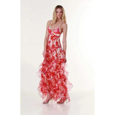 Summer Women Floral Print Party Dress Elegant New Fashion Strap V Neck High Waist Halter Corset Ruffle Evening Long Dress Robe