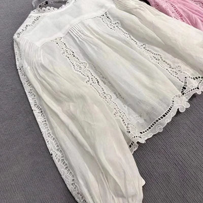White Pink Tops Women Hollow Out Embroidery