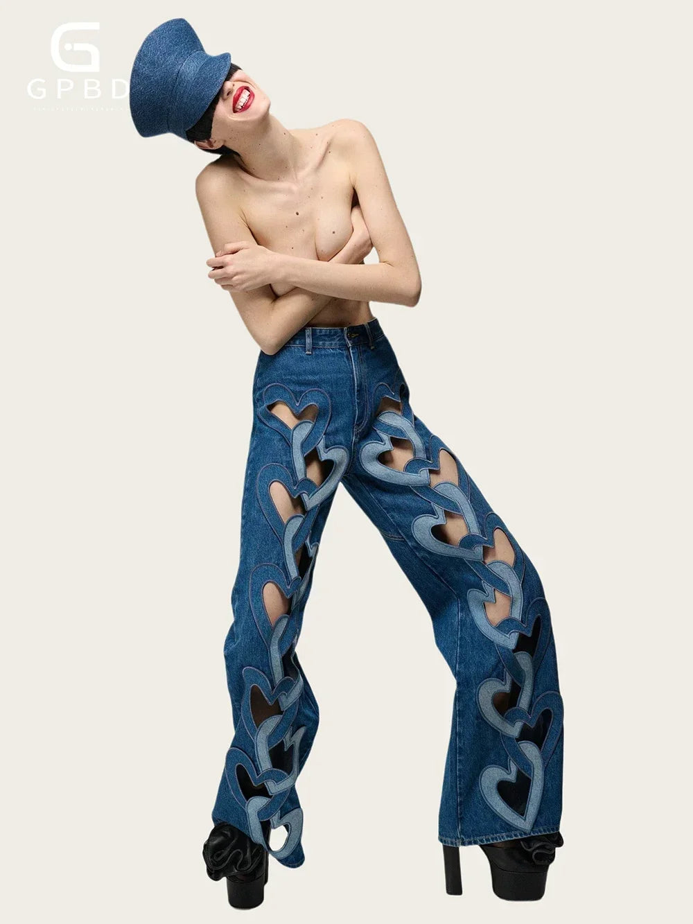GPBD Fashion Women Jeans High Waist Heart Connectivity Contrast Color Hollow Out Straight Denim Pants 2025 New