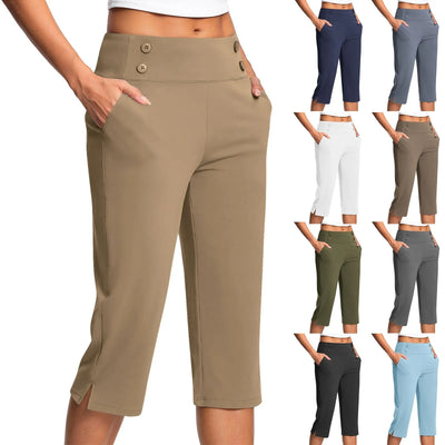 Women Elastic High Waist 3/4 Pant Casual Active Fit Wide Capris Leg Pants Trousers With Pockets Pants Woman брюки женские