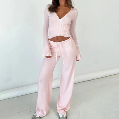 Women Fashion Lounge Set Vintage 2 Piece Outfit Spring Autumn V Neck Waist Tie T-shirt+Elastic Waist Pants Long Sleeve Crop Tops