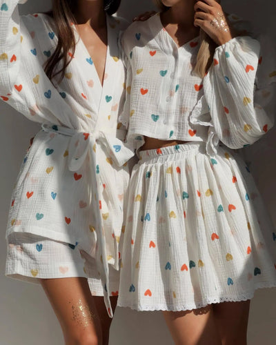 Women Cotton Linen Print Loose Suit Women Lantern Sleeve Ruffles V-neck Patchwork Single-Breasted Top High Waist Mini Skirt Suit