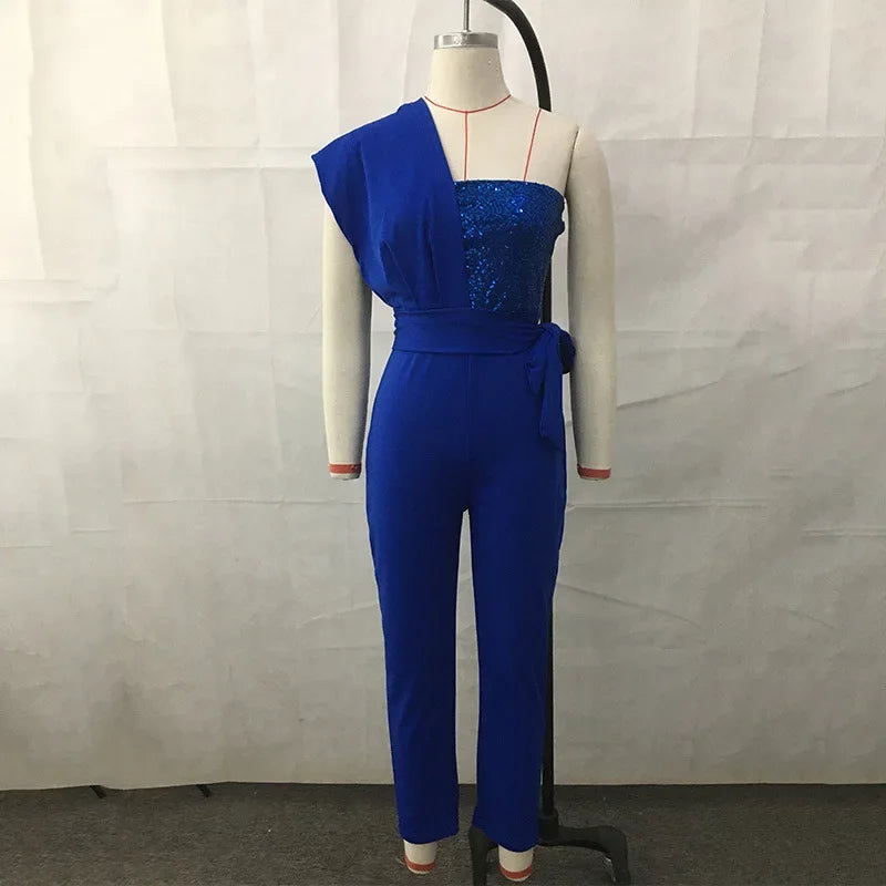 Summer Bodysuit Sexy Party Overalls Solid Sleeveless Women Jumpsuit Long Pants Rompers Lace-up Slim-fit Sequin Women's Trousers