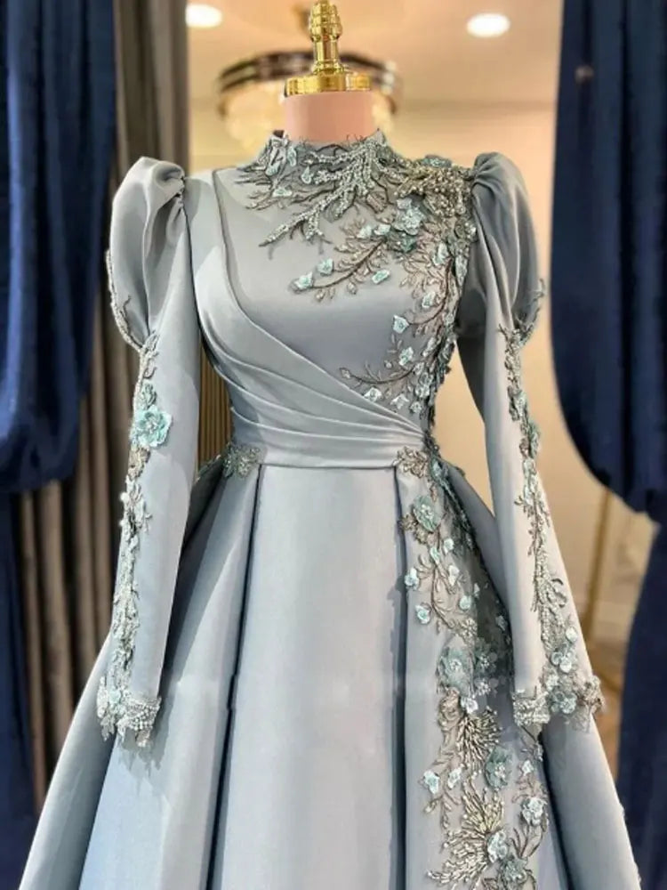 Exquisite 3D Flowers Muslim Women Evening Dresses Pearls Appliques Dubai Caftan Formal Gown for Engagement Ruched lslam Vestido