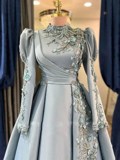 Exquisite 3D Flowers Muslim Women Evening Dresses Pearls Appliques Dubai Caftan Formal Gown for Engagement Ruched lslam Vestido