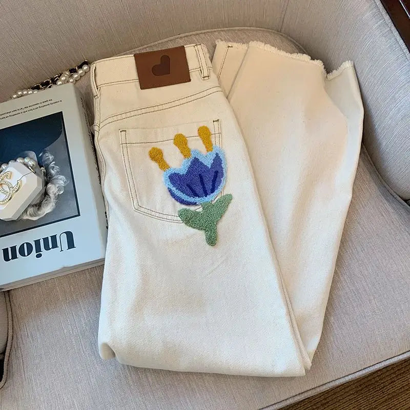 White Jeans For Women Spring High Waist Fashion Flower Design Straight Denim Pants Chic Loose Wide Leg Casual Trousers