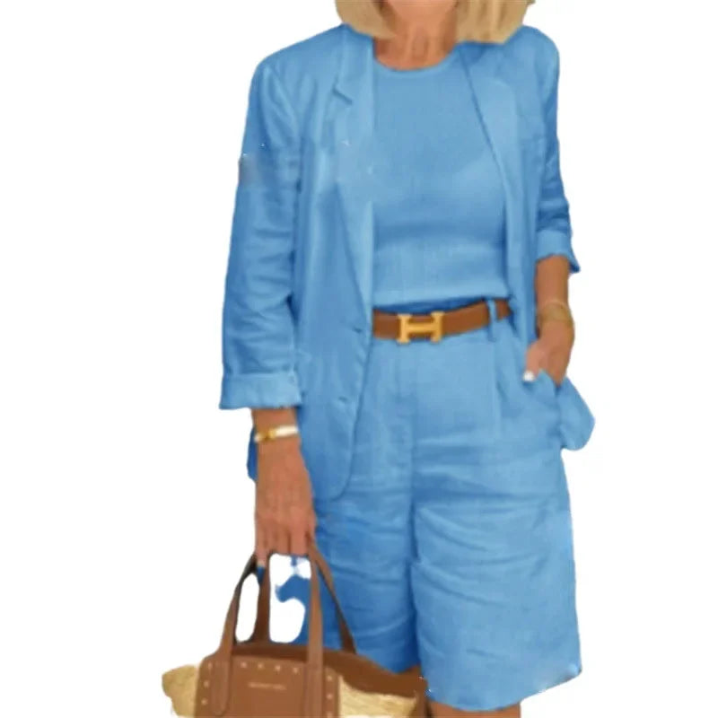 Autumn Winter Cotton Linen Women's Blazer Suits Professional Elegant Office Suit Blazer and Shorts Pants 2 Piece Set