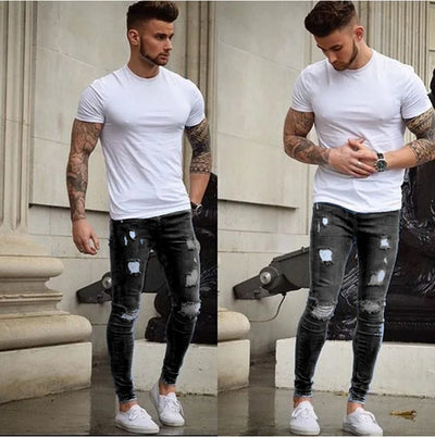 Men Jeans Denim Pencil Pants Distressed Mid Waist Sheath Ankle Length Zipper Fly Pockets Slim Washing High Street 2024