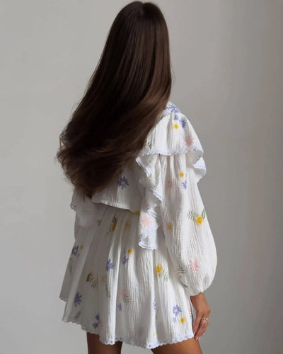 Women Cotton Linen Print Loose Suit Women Lantern Sleeve Ruffles V-neck Patchwork Single-Breasted Top High Waist Mini Skirt Suit