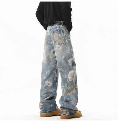 Printed denim jeans men American hip-hop High quality men women trendy retro floral print straight leg loose wide casual pants