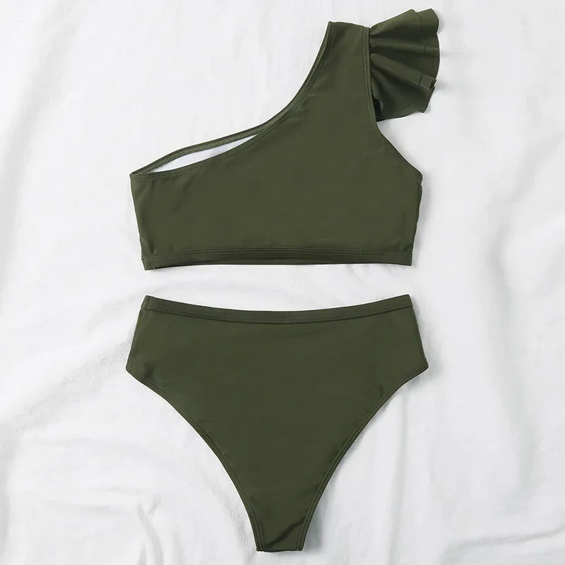 One Shoulder Bikinis 2025 Women Ruffle Swimsuit Solid High Waist Swimwear Female Padded Bathers Bathing Swimming Suit Beachwear