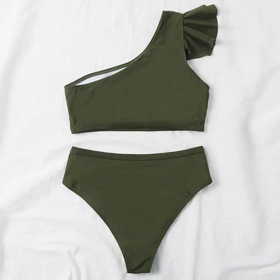 One Shoulder Bikinis 2025 Women Ruffle Swimsuit Solid High Waist Swimwear Female Padded Bathers Bathing Swimming Suit Beachwear