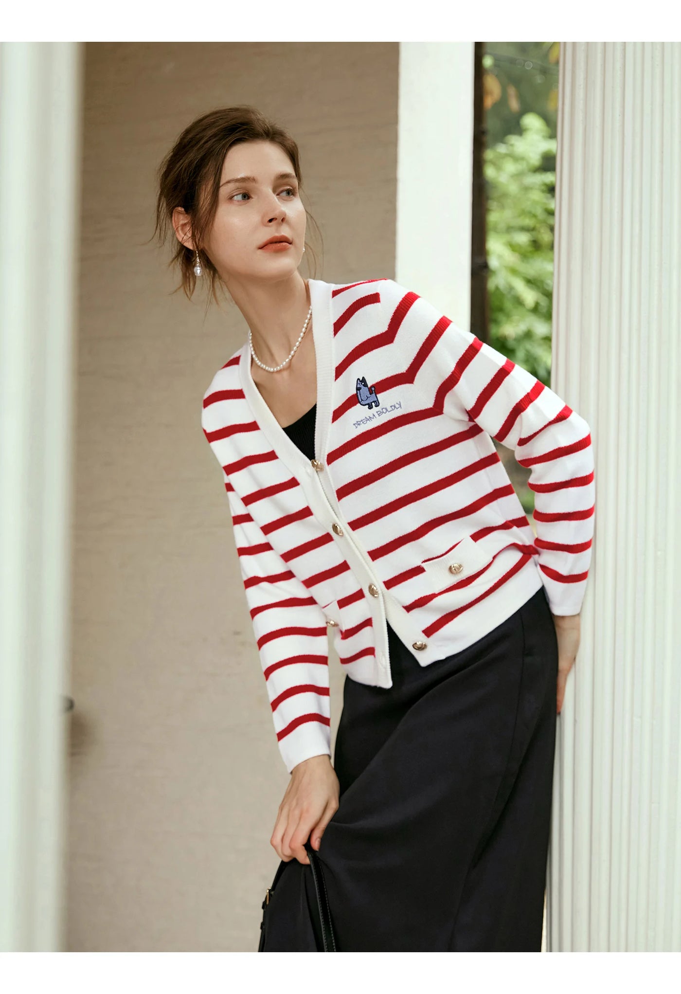 OLrain Wool Blend Striped Cardigan Women 2025 Spring Commute Embroidery V Neck Long Sleeve Chic Button Knitwear M56QZ86390