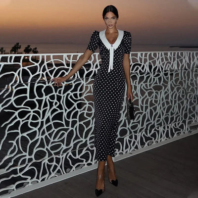 Dot Printed Dresses For Women Fashion Sexy Streetwear Short Sleeves Sheath Turn Down Collar V-Neck Long Vestidos Robes Female