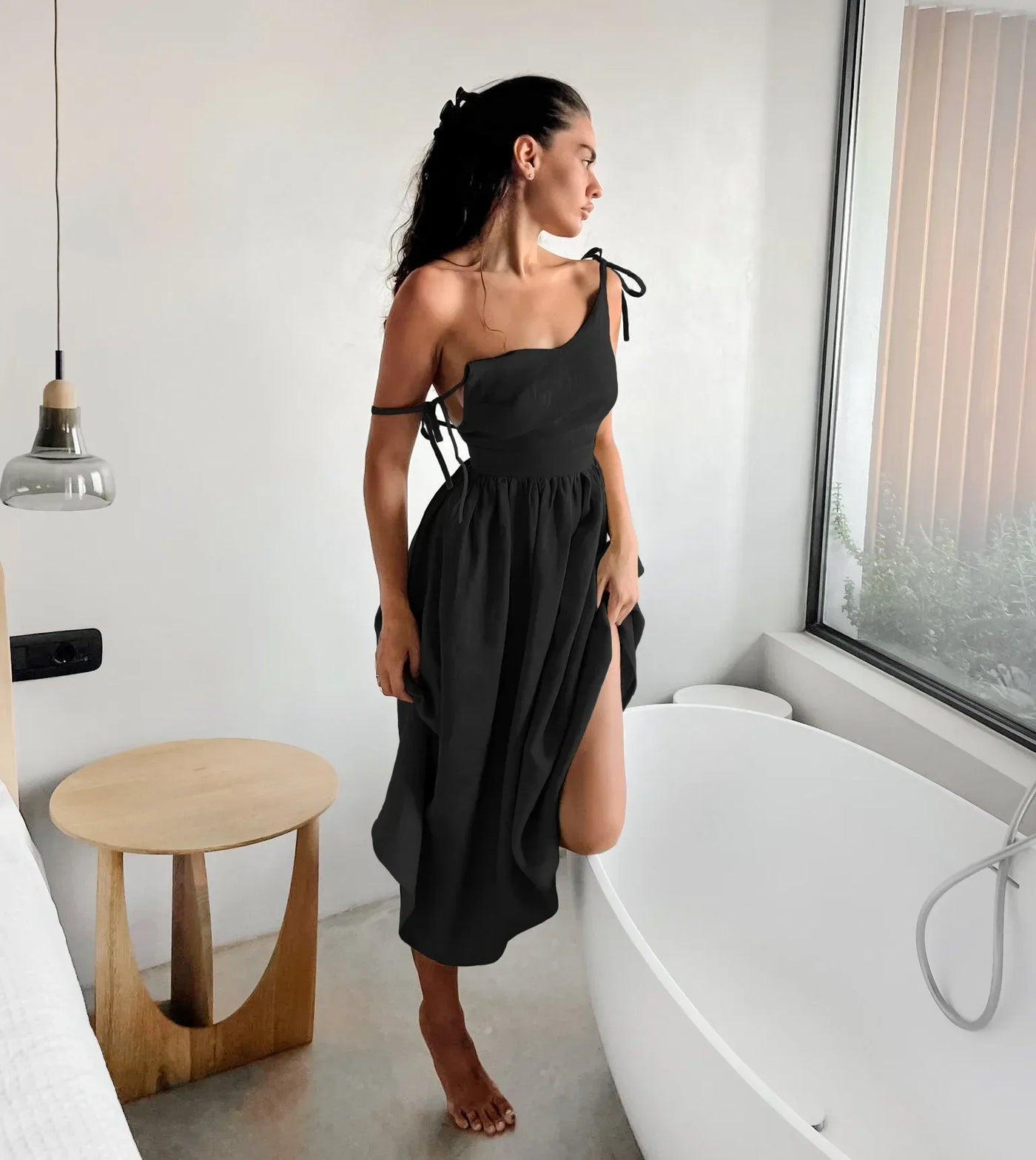 Cotton Linen Solid Color Spaghetti Strap Dresses Women Fashion Leace-up V-neck Backless Beach Vacation Long Dress Female New