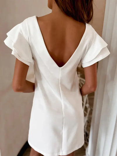 Women Ruffle Short Sleeve Mini Party Dress Summer Female Slim Backless Tshirt Dresses HY-W220217