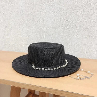 New Women Summer Hats Straw Sun Hat Panama Elegant Straw Fedoras Lady Girl Outdoor Vacation with Pearl Chain Sunshade Beach Hat