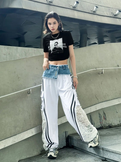 Wide Leg Pants Women Floor Length Patchwork Lace Denim Stripe Print High Waist Multiple Pockets 2025 Streetwear Cargo Trousers