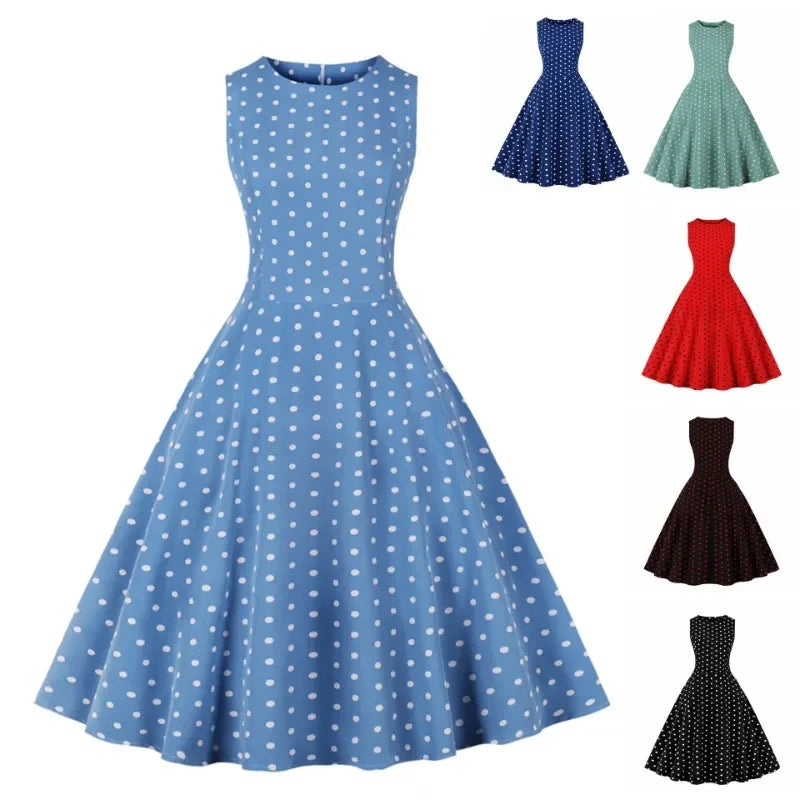 2025 New Women Party Dress Dot Print Sleeveless A Line 50s Evening Gowns Red A-line Tight Waist Prom Banquet Summer Midi Dress - Elanique