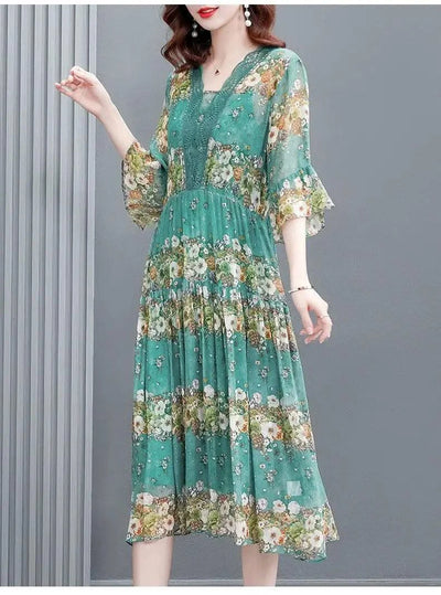 Women's floral print summer dress, new long dress for luxury middle-aged women