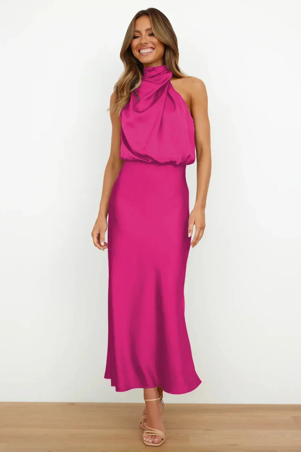 2025 Spring/Summer Long Dress for Women High Waist Halter Satin Sleeveless Dress Fashion Elegant Solid Evening Party Dresses