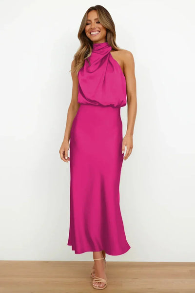 2025 Spring/Summer Long Dress for Women High Waist Halter Satin Sleeveless Dress Fashion Elegant Solid Evening Party Dresses