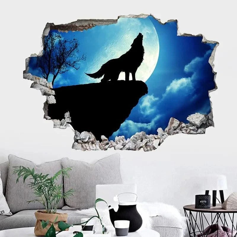 3D Broken Wall Hole Art Moon Night Wolf Howls Vinyl Mural Stickers Room Decorations for Home Items Self Adhesive Animal Poster