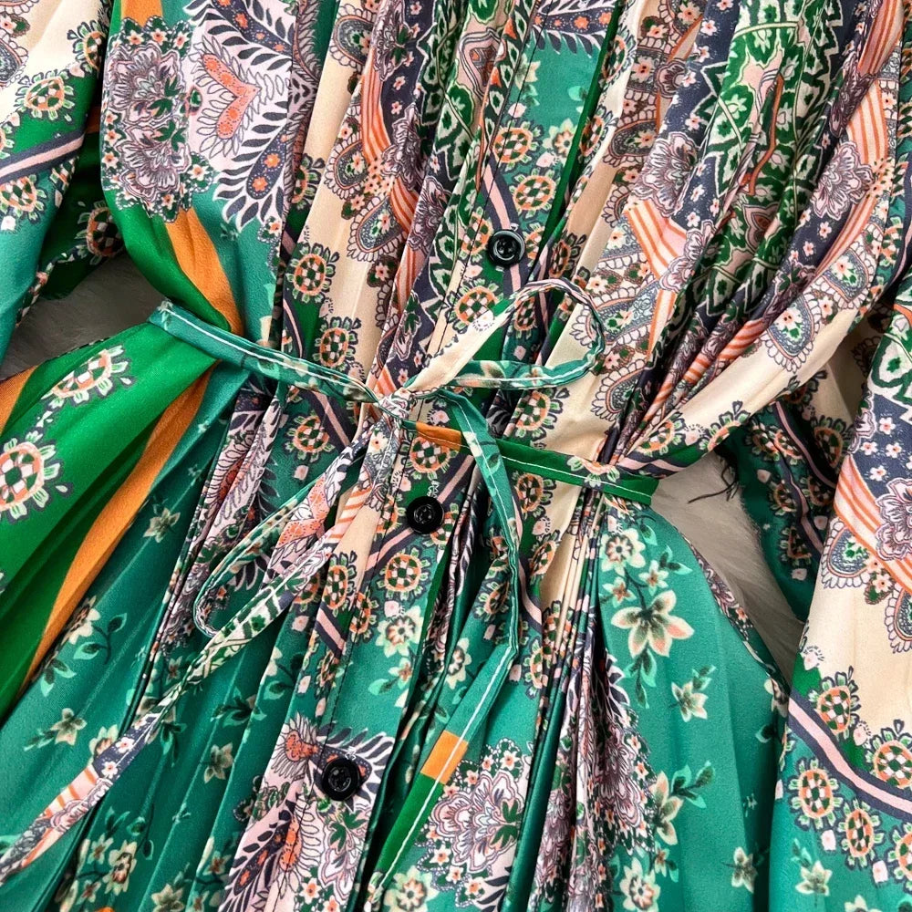 Retro Elegant Sashes O Neck Single Breasted Print Dresses Long Lantern Sleeves A-line Casual High Waist Women Autumn Clothing
