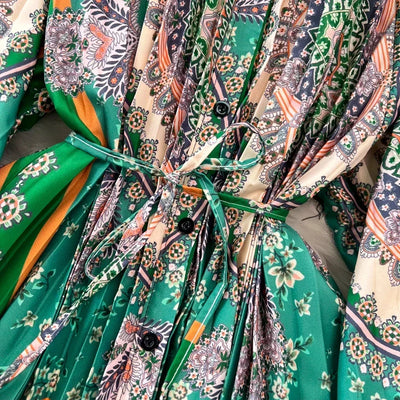 Retro Elegant Sashes O Neck Single Breasted Print Dresses Long Lantern Sleeves A-line Casual High Waist Women Autumn Clothing