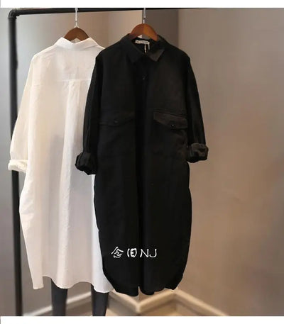 Cotton Linen Women Medium-Length White Polo Shirt Women Large Size Women Clothing Spring Autumn Design Niche Long-Sleeved Shirt
