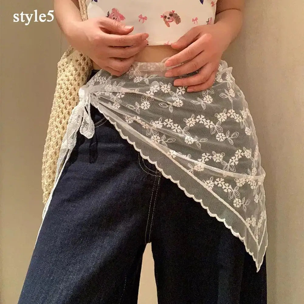 A-line Skirt White Women Lace Skirt Girls Hair Scarf Elegant Hairwrap Y2k Streetwear Ruffle Skirts Lace Up Matching Pants Skirt
