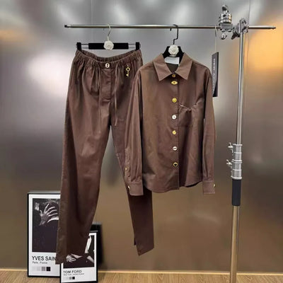 VGH Chic Spliced Metal Buckles Two Piece Set for Women Lapel Long Sleeve Top High Waist Patchwork Drawstring Pants Suit Female