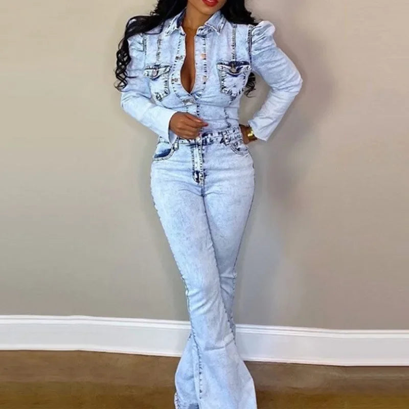 Full Length Overalls Women Jeans Bleached Washed Denim Mid Waist Jumpsuits Single Breasted Sashes Spliced Vintage Casual