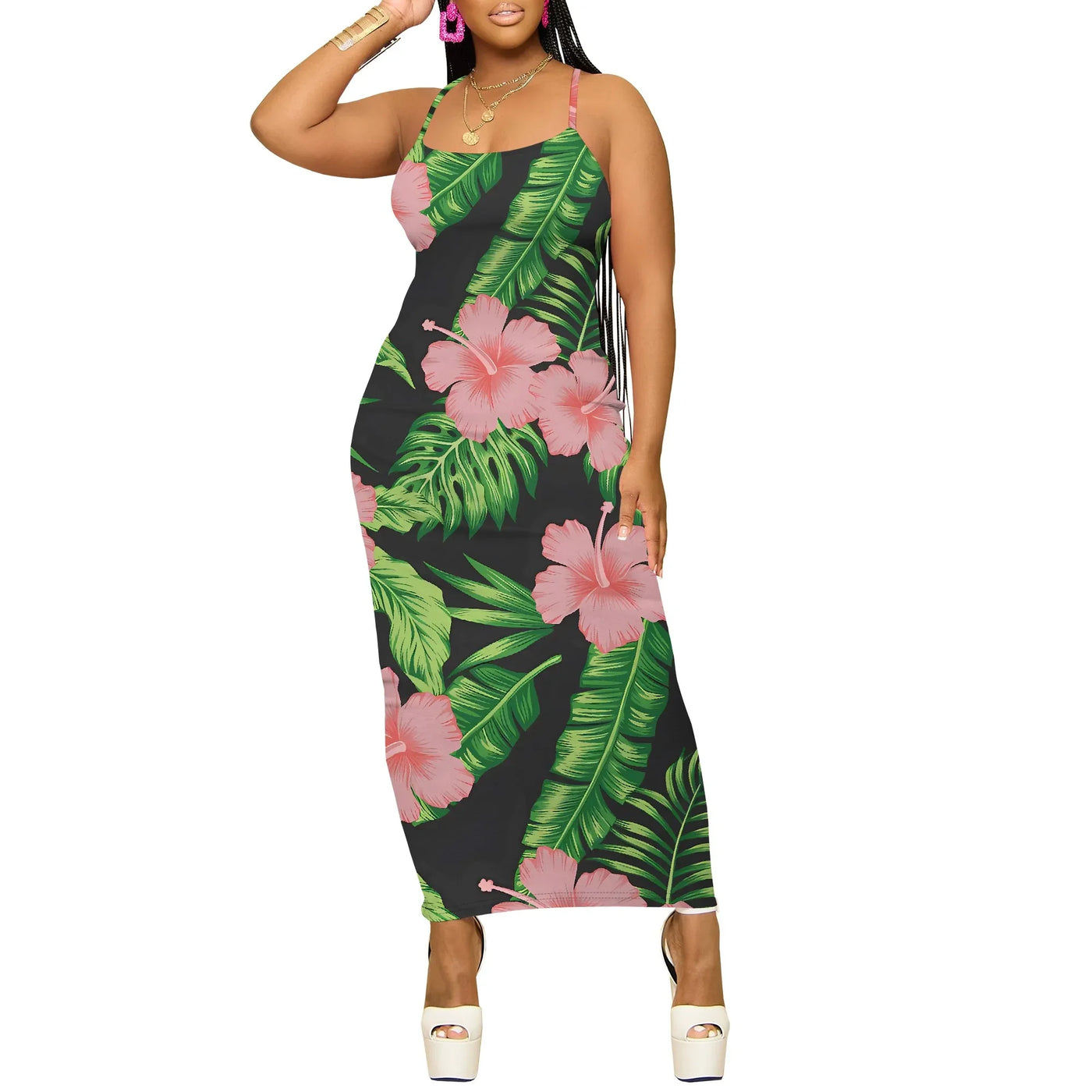 Summer Sleeveless Midi Dress Women Bodycon Floral Print Casual Spaghetti Strap Slim Fit Holiday Beach Wear