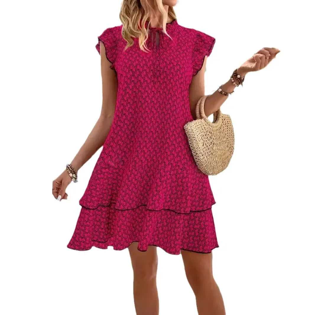 Women's Summer Mini Dress A-line Print V-neck Fiying Sleeve Lady Loose Hem Bohemian Fashion Casual Dresses For Women Clothing