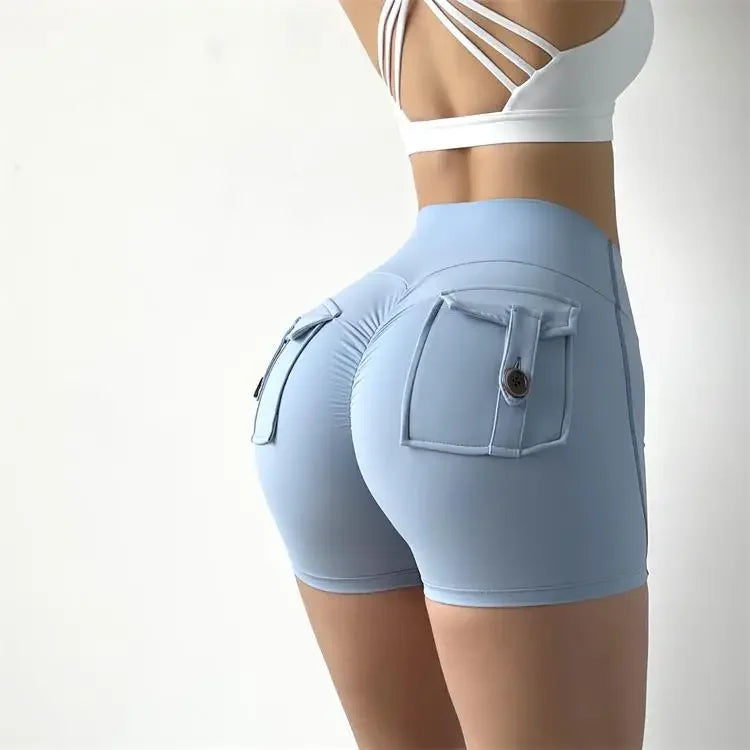Shorts Women Solid Yoga Pants Pocket Button Short Pant Slim Fit Trousers Wrap Hip Splice Sporty High Waist Lady Summer
