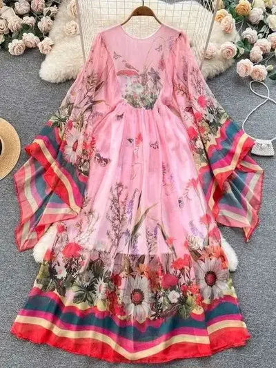 Women Maxi Chiffon Dress Summer Bohemian Rabbits Flower Porcelain Print Clothing Floor Length Flare Sleeve Long Vestidos