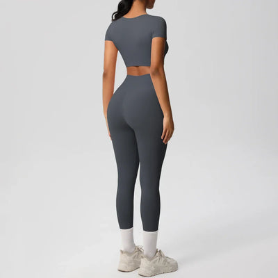 Yoga Set 2 Pieces Women Tracksuits Workout Sportswear Gym Clothing Fitness Short Sleeve With Padded High Waist Leggings Suits