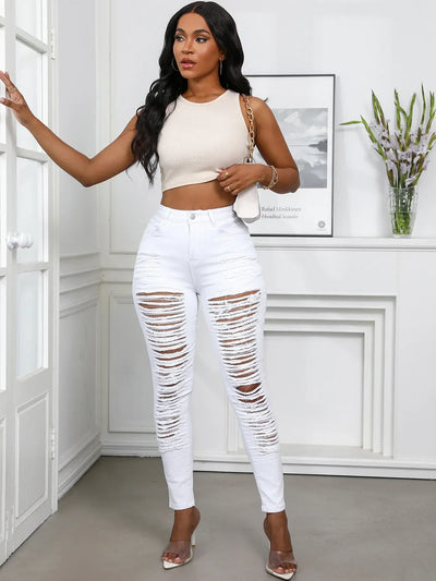 Women's Spring and Fall Fashion Elastic Ripped Jeans Women Casual Close-fitting High-waisted Denim Small Leg Pants Pencil Pants