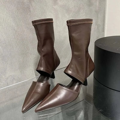 Eilyken Spring Autumn Soft Leather Short Ankle Boots Women Fashion Hollow Out Ladies Sandal Pointed Toe Thin Low Heel Shoes